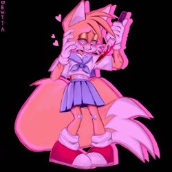 Size: 1280x1280 | Tagged: semi-grimdark, artist:bwtta, miles "tails" prower, fox, black background, bleeding from mouth, blood, blood stain, blushing, crossdressing, evil, evil tails, femboy, hand on head, heart eyes, hearts, holding something, implied murder, knife, lidded eyes, looking at viewer, nosebleed, plaster, schoolgirl outfit, scratch (injury), shoes, simple background, smile, socks, solo, standing, wound, yandere