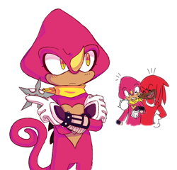 Size: 581x557 | Tagged: dead source, safe, artist:aatroxvaux, espio the chameleon, knuckles the echidna, echidna, lizard, arms folded, blushing, chameleon, duo, frown, gay, holding something, knuxio, looking offscreen, ninja star, scarf, shipping, simple background, standing, white background