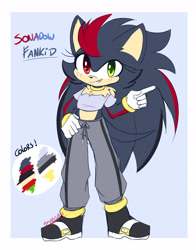 Size: 1600x2045 | Tagged: safe, oc, hedgehog, abstract background, blushing, clenched teeth, colours, crop top, fankid, gloves, hand on hip, heterochromia, looking at viewer, magical gay spawn, pants, parent:shadow, parent:sonic, parents:sonadow, pointing, shoes, signature, smile, solo, standing, unnamed oc