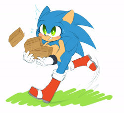 Size: 1920x1746 | Tagged: safe, artist:syrcaii, sonic the hedgehog, hedgehog, au:resonance, blushing, box, clenched teeth, grass, holding something, looking ahead, nonbinary, running, simple background, solo, sweatdrop, white background