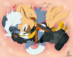 Size: 1280x998 | Tagged: safe, artist:ridleynemrick, tangle the lemur, whisper the wolf, lemur, wolf, abstract background, blushing, cute, duo, eyes closed, female, females only, hearts, holding each other, hugging, lesbian, one fang, shipping, signature, tangabetes, tangle x whisper, wagging tail, whispabetes