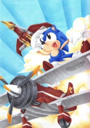 Size: 709x1002 | Tagged: safe, artist:pichu-chan, miles "tails" prower, sonic the hedgehog, sky chase zone, sonic the hedgehog 2, balkiry, classic sonic, classic tails, duo, dust clouds, featured image, flying, hand on head, looking ahead, mouth open, robot, tornado i