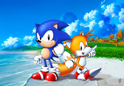 Size: 1600x1120 | Tagged: safe, artist:nerkin, miles "tails" prower, sonic the hedgehog, fox, hedgehog, sonic the hedgehog 2, beach, classic sonic, classic style, classic tails, clouds, death egg, duo, emerald hill, fist, island, looking at viewer, male, males only, mouth open, ocean, pointing, smile, sonic 2 hd (fanproject)