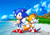 Size: 1600x1120 | Tagged: safe, artist:nerkin, miles "tails" prower, sonic the hedgehog, fox, hedgehog, sonic the hedgehog 2, beach, classic sonic, classic style, classic tails, clouds, death egg, duo, emerald hill, fist, island, looking at viewer, male, males only, mouth open, ocean, pointing, smile, sonic 2 hd (fanproject)
