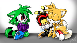 Size: 1186x674 | Tagged: safe, artist:chibi-jen-hen, charmy bee, miles "tails" prower, oc, oc:ruby the racoon, bee, fox, raccoon, blue shoes, blushing, comforting, crying, eyes closed, female, floppy ears, frown, hair over one eye, holding each other, hoodie, male, sad, signature, tears, trio, worried