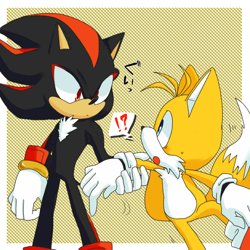 Size: 620x620 | Tagged: safe, artist:mas2a, miles "tails" prower, shadow the hedgehog, fox, hedgehog, abstract background, duo, exclamation mark, gay, holding another's arm, japanese text, looking at them, male, males only, mouth open, question mark, shadails, shipping, standing on one leg, surprised, sweatdrop