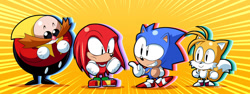 Size: 1460x547 | Tagged: safe, artist:rcase, knuckles the echidna, miles "tails" prower, robotnik, sonic the hedgehog, echidna, fox, hedgehog, human, sonic mania, abstract background, chibi, classic, classic knuckles, classic sonic, classic tails, cute, group, knucklebetes, male, males only, pointing, smile, sonabetes, tailabetes, team sonic