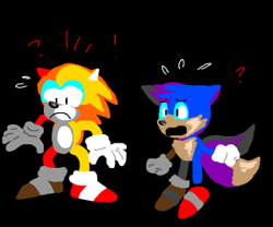 Size: 300x250 | Tagged: safe, artist:bythepowerofduskull, miles "tails" prower, sonic the hedgehog, fox, hedgehog, black background, color swap, duo, exclamation mark, frown, lineless, looking offscreen, male, males only, mouth open, question mark, simple background, surprised, sweatdrop
