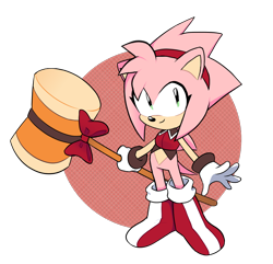 Size: 880x847 | Tagged: safe, artist:hearttheglaceon, amy rose, hedgehog, abstract background, alternate outfit, boots, bottomless, bow, crop top, female, hair over one eye, holding something, looking offscreen, modern amy, natural alt, natural amy rose, piko piko hammer, redesign, semi-transparent background, solo, topwear