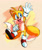Size: 1280x1516 | Tagged: safe, artist:artisyone, miles "tails" prower, fox, sonic the hedgehog 2 (2022), abstract background, fist, jumping, looking offscreen, male, mouth open, movie style, solo, waving
