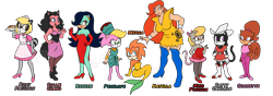 Size: 5700x2000 | Tagged: safe, artist:evillexie, breezie the hedgehog, catty carlisle, collie chang, katella the huntress, merna the merhog, miss possum, penelope the hedgehog, roxy the raccoon, sonnette, cat, hedgehog, human, raccoon, squirrel, adventures of sonic the hedgehog, female, females only, group, merhog, opossum, redesign, simple background, transparent background