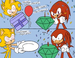 Size: 900x690 | Tagged: safe, artist:sayuri-amaya, knuckles the echidna, echidna, hedgehog, balloon, birthday, blue background, cake, candle, chaos emerald, comic, dialogue, duo, emerald, fleetway super sonic, food, male, males only, simple background, super form