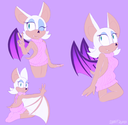 Size: 1234x1204 | Tagged: safe, artist:dismaydreamer, rouge the bat, bat, female, peace sign, purple background, simple background, socks, solo, sweater, virgin killer sweater, wings