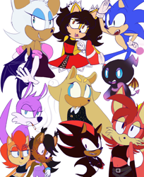 Size: 1078x1321 | Tagged: safe, artist:dismaydreamer, fiona fox, gold the tenrec, honey the cat, nack the weasel, nicole the hololynx, rouge the bat, sally acorn, shadow the hedgehog, sonic the hedgehog, bat, cat, chao, fox, hedgehog, lynx, squirrel, tenrec, weasel, ambiguous gender, cigarette, dark chao, female, group, lesbian, male, nicole x sally, shipping, simple background, smoking, tobacco, white background