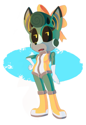 Size: 1497x2182 | Tagged: safe, artist:dismaydreamer, cassia the pronghorn, deer, abstract background, boots, bow, female, fiona's jumpsuit, gloves, jumpsuit, outfit swap, semi-transparent background, solo