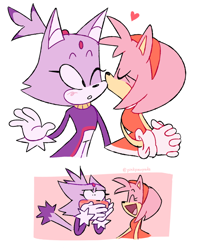 Size: 750x941 | Tagged: safe, artist:cherucat, amy rose, blaze the cat, cat, hedgehog, abstract background, amy x blaze, female, females only, kiss, kiss on cheek, lesbian, shipping