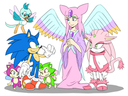 Size: 1000x750 | Tagged: safe, artist:cylent-nite, flicky, illumina, manik the hedgehog, sonia the hedgehog, sonic the hedgehog, oc, oc:oliga the naive, bird, cat, hedgehog, au:sonic expanse, sonic shuffle, sonic underground, ambiguous gender, angel, female, group, male, simple background, white background