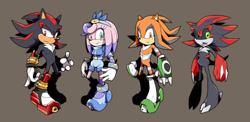 Size: 1280x623 | Tagged: safe, artist:cylent-nite, shadow the hedgehog, oc, oc:destiny the chimera, oc:proj the echidna, oc:taurus the diodon, echidna, hybrid, brown background, female, fish, group, male, project shadow, simple background