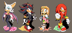 Size: 1280x598 | Tagged: safe, artist:cylent-nite, knuckles the echidna, rouge the bat, shadow the hedgehog, tikal, bat, echidna, hedgehog, brown background, female, group, male, simple background