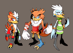 Size: 1500x1100 | Tagged: safe, artist:cylent-nite, dr. fukurokov, dr. sorders, oc, oc:hurrican, bird, owl, au:sonic expanse, brown background, fankid, female, male, parent:dr. fukurokov, parent:dr. sorders, simple background, sonic the comic 103, stork, tails adventure, trio