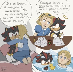 Size: 2048x1998 | Tagged: safe, artist:qkora01, maria robotnik, shadow the hedgehog, human, bathing, bathtub, bed, drawing, duo, english text, frown, holding something, hugging, kneeling, paper, pencil, rubber duckie, speech bubble, water