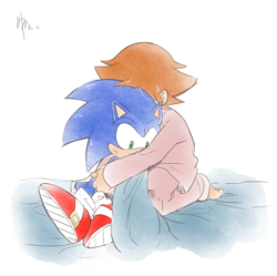 Size: 700x696 | Tagged: safe, artist:krsnprpr, chris thorndyke, sonic the hedgehog, human, bed, duo, frown, kneeling, pajamas, simple background, sitting, sonic x, white background