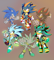 Size: 1200x1350 | Tagged: safe, artist:cylent-nite, shadow the hedgehog, silver the hedgehog, sonic the hedgehog, oc, oc:salvatus the hedgehog, oc:shimmer the hedgehog, oc:surge the hedgehog, hedgehog, fusion, fusion:shadow, fusion:silver, fusion:sonic, male, males only