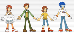 Size: 1398x631 | Tagged: safe, artist:cylent-nite, princess elise, professor pickle's assistant, sabrina, sonic man, oc, oc:quentin cumberdale, human, au:sonic expanse, abstract background, character sheet, female, freckles, frown, group, male, soap shoes, standing