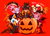 Size: 1155x823 | Tagged: safe, artist:krsnprpr, amy rose, blaze the cat, cream the rabbit, rouge the bat, sticks the badger, badger, bat, cat, hedgehog, rabbit, blushing, english text, featured image, group, halloween, hat, jack o'lantern, looking at viewer, red background, scythe, simple background, sitting, smile, standing, weapon