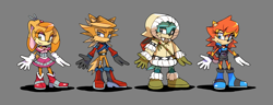 Size: 1300x500 | Tagged: safe, artist:cylent-nite, antoine d'coolette, bunnie rabbot, rotor walrus, sally acorn, chipmunk, coyote, rabbit, walrus, au:sonic expanse, character sheet, female, freedom fighters, frown, grey background, group, male, redesign, simple background, smile, standing