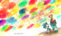 Size: 1200x700 | Tagged: safe, artist:krsnprpr, chris thorndyke, sonic the hedgehog, hedgehog, human, duo, eyes closed, happy, japanese text, looking at them, open mouth, smile, sonic x, standing, text, umbrella, walking