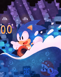 Size: 720x901 | Tagged: safe, artist:krakenfinsoup, sonic the hedgehog, hedgehog, hydrocity zone, badnik, bubble, chopper, classic sonic, clenched fist, mouth open, pointing, ring, running, running on water, smile, solo, sparkles, water