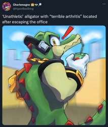 Size: 1192x1398 | Tagged: safe, artist:seagull-scribbles, charmy bee, vector the crocodile, bee, crocodile, drinking, english text, exclamation mark, holding something, juice box, looking at viewer, meme, outdoors, solo, standing, straw, twitter