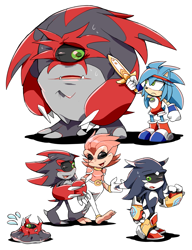 Size: 1075x1400 | Tagged: safe, artist:cylent-nite, oc, oc:mail the hedgehog, oc:miabel the kaamdaarn, oc:taurus the diodon, au:sonic expanse, sister sonic, female, fish, group, kaamdaarn, male, simple background, white background