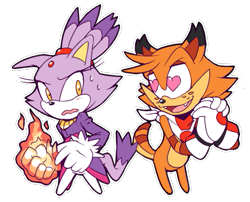 Size: 525x425 | Tagged: safe, artist:cylent-nite, blaze the cat, cat, bobcat, bubsy bobcat, crack shipping, crossover, crossover shipping, duo, female, male, mobianified, shipping, simple background, straight, transparent background