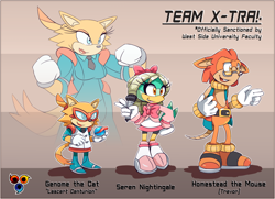 Size: 1350x975 | Tagged: safe, artist:cylent-nite, bio-chemist, thobbin screech's niece, trevor the mouse, bird, cat, eagle, hybrid, mouse, robin, au:sonic expanse, adventures of sonic the hedgehog, sonic the comic 118, sonic underground, character sheet, female, male, trio