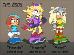 Size: 1050x775 | Tagged: safe, artist:cylent-nite, oc, oc:cable the catfish, oc:sienna de bruyn, oc:tanica the tenrec, dog, tenrec, au:sonic expanse, bloodhound, catfish, character sheet, female, females only, fish, trio