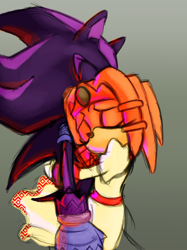 Size: 2048x2732 | Tagged: safe, artist:artistissues, shadow the hedgehog, tikal, echidna, hedgehog, camelot: kingdom of the wind, duo, female, hugging, male, shadikal, shipping, straight