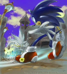 Size: 550x600 | Tagged: safe, artist:manaita, silver the hedgehog, sonic the hedgehog, hedgehog, sonic the hedgehog (2006), castle, duo, male, males only