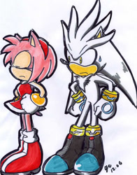 Size: 984x1255 | Tagged: safe, artist:ihearrrtme, amy rose, silver the hedgehog, hedgehog, duo, female, male, markerwork, simple background, white background