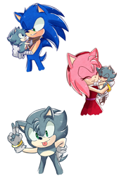 Size: 874x1272 | Tagged: safe, artist:hikariviny, amy rose, sonic the hedgehog, oc, oc:nimble the hedgehog, hedgehog, amy x sonic, family, fankid, father and son, female, male, mother and son, parent:amy, parent:sonic, parents:sonamy, shipping, simple background, straight, white background