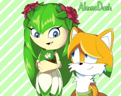 Size: 1301x1038 | Tagged: safe, artist:listofpaper, cosmo the seedrian, oc, oc:kayden prower, fox, seedrian, au:white light, duo, fankid, female, male, parent:cosmo, parent:tails, parents:tailsmo