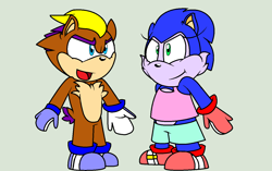 Size: 1352x850 | Tagged: safe, artist:thecarebeargirl, manik acorn, sonia acorn, chipmunk, hedgehog, hybrid, duo, female, green background, male, mobius: 25 years later, ms paint, redesign, siblings, simple background