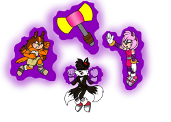 Size: 1280x916 | Tagged: safe, artist:thecarebeargirl, amy rose, miles "tails" prower, sticks the badger, badger, fox, hedgehog, fanfic:dark tails unleashed, dark form, dark tails, every tail has two sides, fanfiction art, female, floating, hammer, male, mid-air, simple background, sonic boom (tv), transparent background, trio