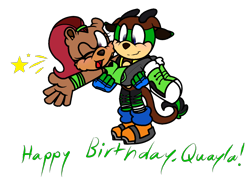 Size: 1322x966 | Tagged: safe, artist:thecarebeargirl, oc, oc:erik the okapi, oc:quayla the grizzly bear, bear, birthday, duo, female, gift art, grizzly bear, male, ms paint, okapi, simple background, transparent background