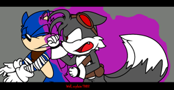Size: 1244x642 | Tagged: safe, artist:thecarebeargirl, miles "tails" prower, sonic the hedgehog, fox, hedgehog, fanfic:dark tails unleashed, dark form, dark tails, duo, fanfiction art, grey background, male, males only, ms paint, simple background, sonic boom (tv)