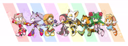 Size: 5472x2000 | Tagged: safe, artist:jesterjane, amy rose, blaze the cat, cosmo the seedrian, cream the rabbit, marine the raccoon, rouge the bat, shade the echidna, tikal, bat, cat, echidna, hedgehog, rabbit, raccoon, seedrian, female, females only, group, redesign