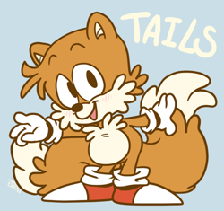 Size: 582x548 | Tagged: safe, artist:momogirl, miles "tails" prower, fox, blue background, blushing, character name, chibi, male, simple background, solo