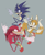Size: 1370x1672 | Tagged: safe, artist:akaki228777, knuckles the echidna, miles "tails" prower, sonic the hedgehog, echidna, fox, hedgehog, clenched fists, grey background, grin, looking offscreen, sharp teeth, simple background, smile