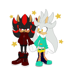 Size: 2327x2577 | Tagged: safe, artist:badpinku, shadow the hedgehog, silver the hedgehog, hedgehog, cute, duo, gay, holding hands, male, males only, redesign, shadow x silver, shipping, simple background, transparent background